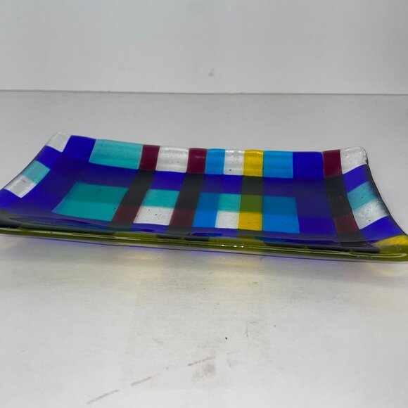 Fused Art Glass Trinket Tray Blue Yellow Check Design 7.5" X 4" - Picture 2 of 8